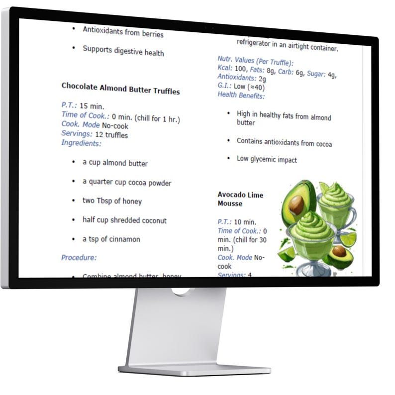 Puede incluir: Un monitor de computadora muestra recetas de Trufas de Mantequilla de Almendras con Chocolate y Mousse de Aguacate y Lima. La pantalla muestra ingredientes, informaci&oacute;n nutricional y beneficios para la salud. El monitor es plateado y negro.