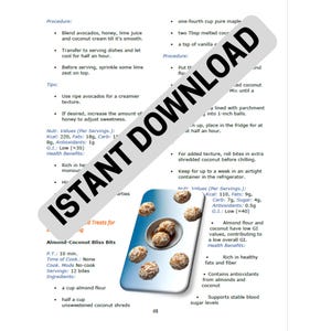 Puede incluir: Una p&aacute;gina de un libro de recetas con texto e im&aacute;genes. El texto incluye instrucciones para hacer Almond-Coconut Bliss Bites, informaci&oacute;n nutricional y beneficios para la salud. Una imagen muestra el producto final.