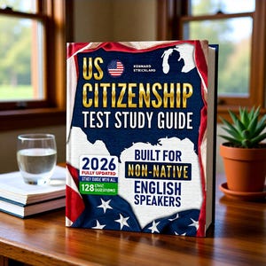Può includere: Un libro di guida allo studio per il test di cittadinanza statunitense con il testo "US CITIZENSHIP TEST STUDY GUIDE" e "BUILT FOR NON-NATIVE ENGLISH SPEAKERS". La copertina del libro presenta la bandiera americana e il testo "2026" e "128 CIVIC QUESTIONS".