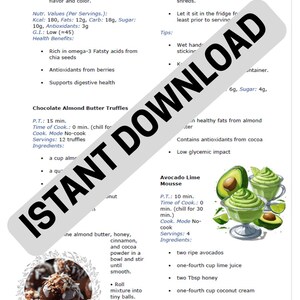Puede incluir: P&aacute;gina de un libro de recetas con instrucciones para Trufas de mantequilla de almendras y chocolate y Mousse de aguacate y lima. Incluye informaci&oacute;n nutricional, ingredientes y pasos de preparaci&oacute;n. El texto "INSTANT DOWNLOAD" est&aacute; en diagonal.