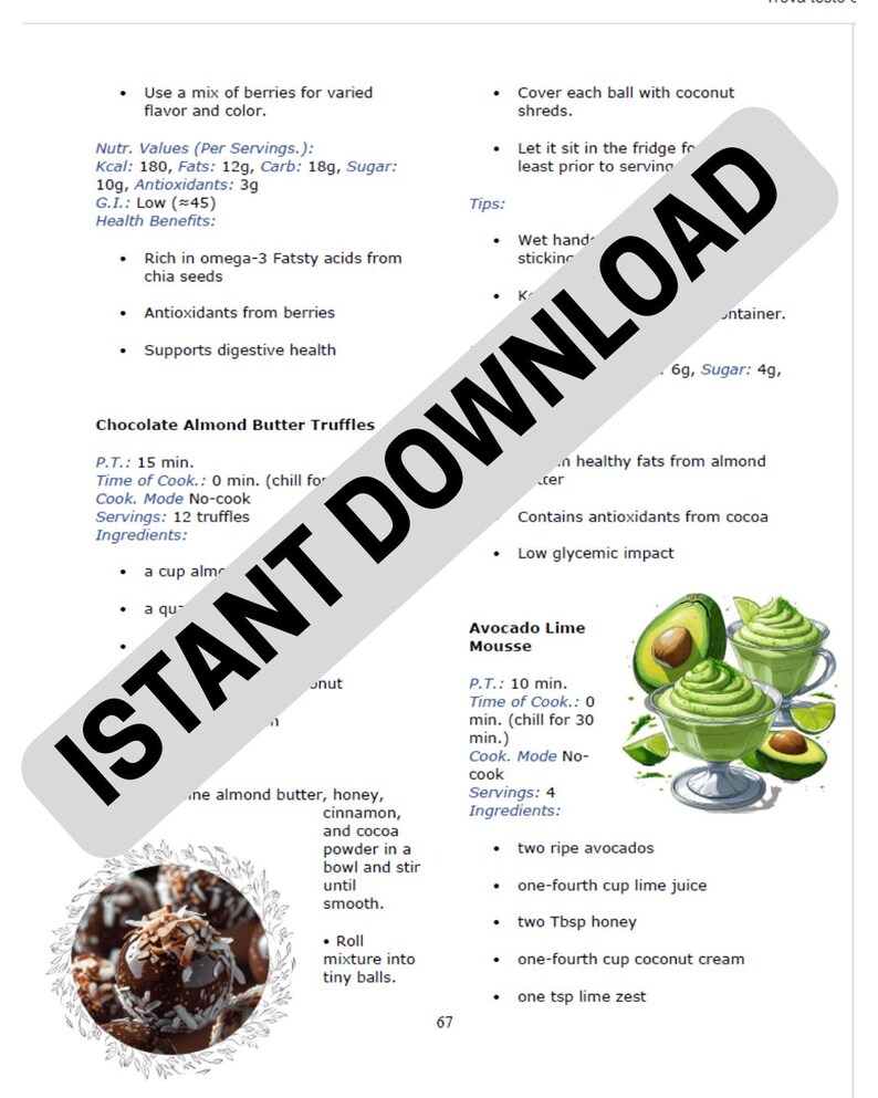 Puede incluir: P&aacute;gina de un libro de recetas con instrucciones para Trufas de mantequilla de almendras y chocolate y Mousse de aguacate y lima. Incluye informaci&oacute;n nutricional, ingredientes y pasos de preparaci&oacute;n. El texto "INSTANT DOWNLOAD" est&aacute; en diagonal.