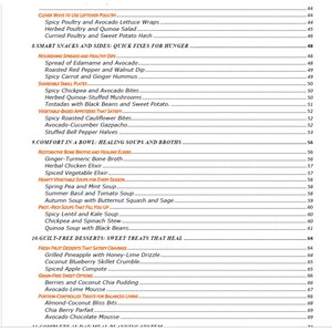 Puede incluir: Un &iacute;ndice detallado de un libro de cocina, con recetas de aves, aperitivos, entrantes, sopas y postres. El texto es negro sobre fondo blanco, con t&iacute;tulos de secciones y n&uacute;meros de p&aacute;gina.