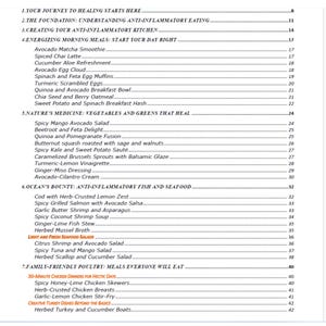 Puede incluir: Una tabla de contenidos de un libro, que enumera recetas e ideas de comidas. El texto incluye secciones sobre alimentaci&oacute;n antiinflamatoria, comidas matutinas, verduras, mariscos y platos de aves. Los n&uacute;meros de p&aacute;gina son visibles.