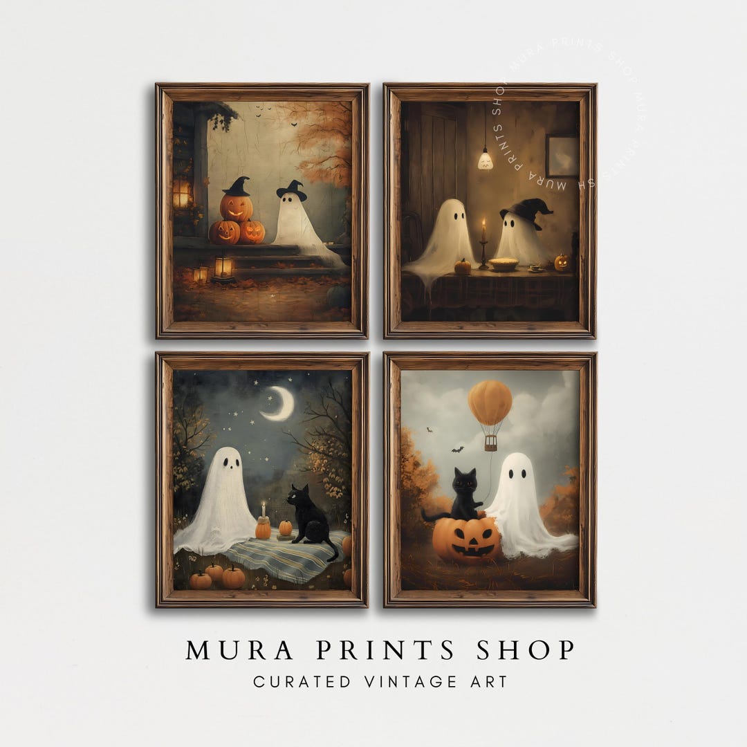 Vintage Halloween Ghost Print Set of 4: Rustic Spooky Posters, Wall Art ...