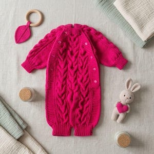 Può includere: Una tutina in maglia fucsia a maniche lunghe con un evidente motivo a trecce verticali e chiusura frontale con bottoni. Il set include un sonaglio in legno a forma di foglia e un piccolo coniglietto all'uncinetto che tiene un cuore rosa.