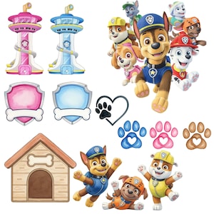 May include: Watercolour illustrations featuring characters and elements from the animated series Paw Patrol. The image includes the Paw Patrol pups, two lookout towers, badges, paw prints, and a dog house.