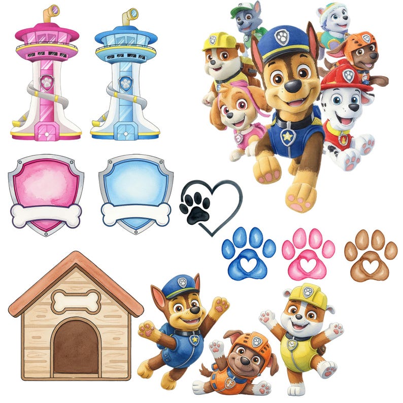 May include: Watercolour illustrations featuring characters and elements from the animated series Paw Patrol. The image includes the Paw Patrol pups, two lookout towers, badges, paw prints, and a dog house.