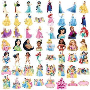 May include: A collection of Disney princess stickers featuring various characters in iconic outfits, including full-body poses, portraits, and group scenes. The set includes illustrations of castles, a pink banner, and a gold crown on a white background.