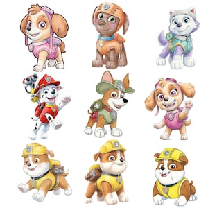 May include: Nine cartoon illustrations of the Paw Patrol characters. Each character is a different breed of dog wearing a uniform and gear. The characters are in various poses, with bright colours and detailed designs.