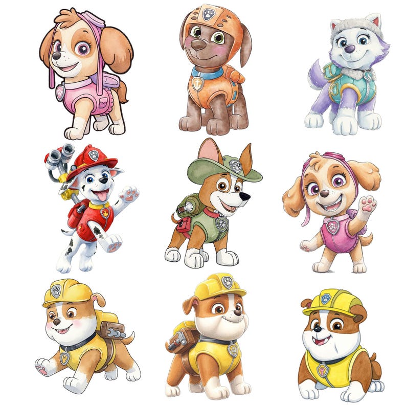 May include: Nine cartoon illustrations of the Paw Patrol characters. Each character is a different breed of dog wearing a uniform and gear. The characters are in various poses, with bright colours and detailed designs.