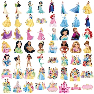 May include: A collection of colorful cartoon images of various princesses in their iconic dresses. The images include characters like Cinderella, Ariel, Belle, and others, with a pink castle and crown graphic at the bottom.