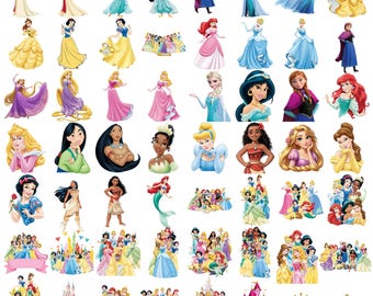 Pacchetto di clipart PNG di principesse, immagini PNG di cartoni animati di principesse, set di clipart di principesse a tema compleanno, sfondo trasparente, download digitale