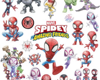 スパイダーマンと仲間たちの水彩画クリップアートバンドル、スーパーヒーローPNG（デジタルダウンロード）