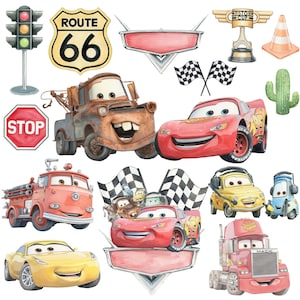 May include: Watercolor illustrations of characters and elements from the animated movie Cars. Includes Lightning McQueen, Mater, and other vehicles, along with a Route 66 sign, stop sign, and checkered flags. A Piston Cup trophy and traffic cone are also featured.