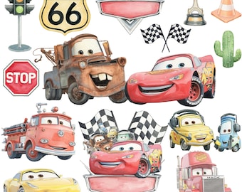 May include: Watercolor illustrations of characters and elements from the animated movie Cars. Includes Lightning McQueen, Mater, and other vehicles, along with a Route 66 sign, stop sign, and checkered flags. A Piston Cup trophy and traffic cone are also featured.
