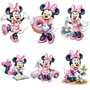 May include: A collection of six illustrations of Minnie Mouse in various poses. She is wearing a pink dress with white polka dots and a matching bow. She is holding a donut, cooking, reading, with a car, and gardening.