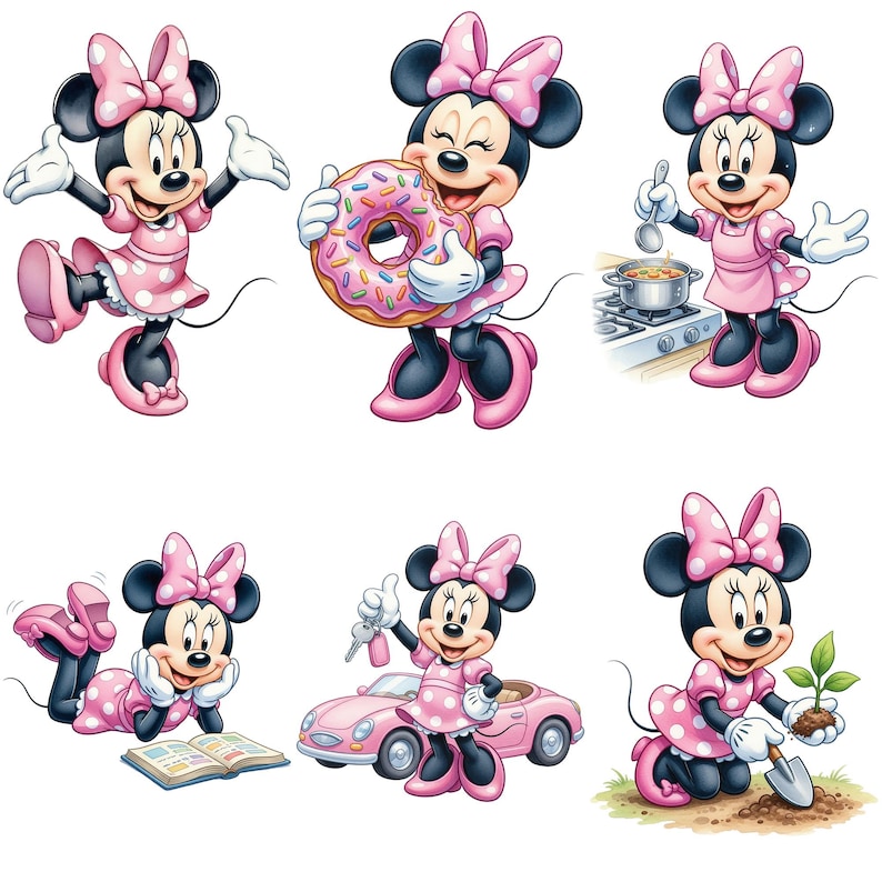 May include: A collection of six illustrations of Minnie Mouse in various poses. She is wearing a pink dress with white polka dots and a matching bow. She is holding a donut, cooking, reading, with a car, and gardening.