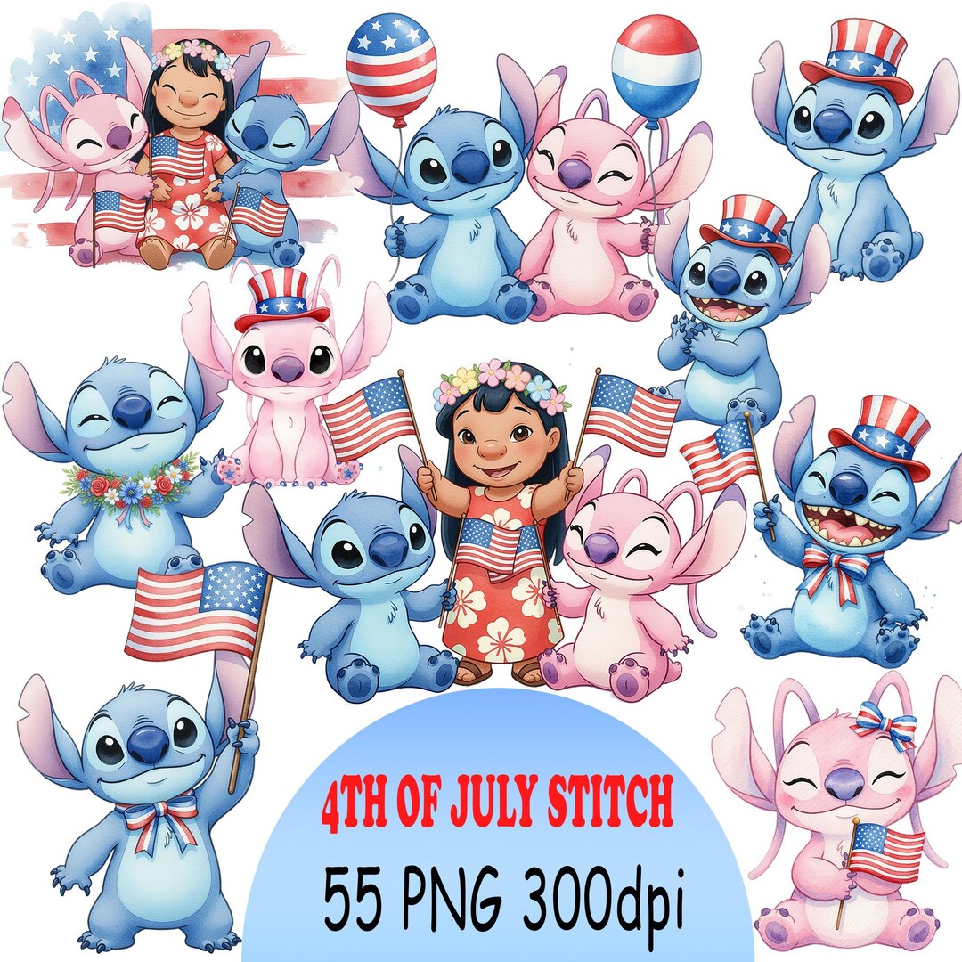 Stitch 4th of July Watercolor PNG Bundle, Patriotic Stitch Clipart ...