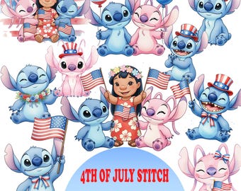 Stitch 4th of July WaterColor PNG Bundle, Patriotic Stitch Clipart, Independence Day Stitch PNG, American Flag Stitch, Cute July 4th Stitch