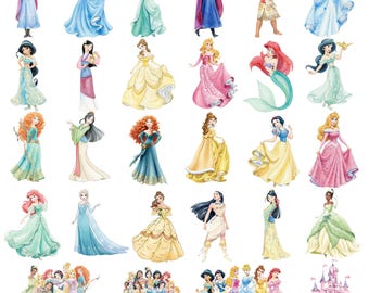 Paquete de acuarelas de princesas PNG, imágenes prediseñadas de acuarela de princesas, Elsa digital, Anna, Aurora, Sirena, Jazmín, Tiana, Bella, Diana, Luna, Rapunzel