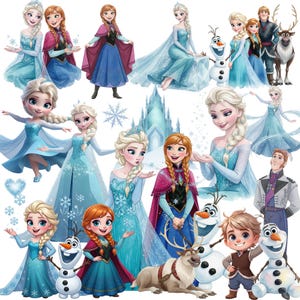 Puede incluir: Una colección de ilustraciones con personajes de la película animada "Frozen". Las imágenes muestran a Elsa y Anna en varias poses, usando sus vestidos característicos. Otros personajes incluyen a Olaf, Kristoff y Sven, con un fondo de copos de nieve y un castillo.