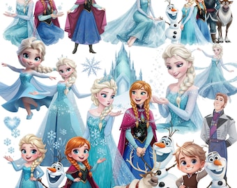 Clipart de Frozen en acuarela PNG, Princesa Anna, Elsa, Kristoff y Olaf, Paquete de imágenes prediseñadas de princesas, Adorno para tarta de cumpleaños, Descarga digital instantánea