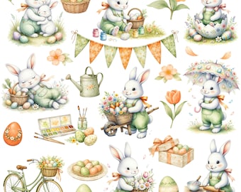 60+ Easter Bunny Watercolor Clipart Set, Cute Digital Kit, 300 DPI PNG, Cute Bunny Easter Clipart, Spring Rabbit Nursery Graphics