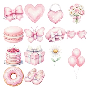 May include: Watercolor illustration of various pink items, including a bow with musical notes, a heart-shaped purse, a bouquet of roses, a macaron, a butterfly, a beret, heart-shaped sunglasses, a cake, a gift box, a daisy, balloons, a donut, and baby shoes.