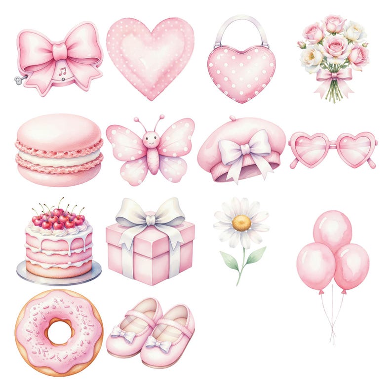 May include: Watercolor illustration of various pink items, including a bow with musical notes, a heart-shaped purse, a bouquet of roses, a macaron, a butterfly, a beret, heart-shaped sunglasses, a cake, a gift box, a daisy, balloons, a donut, and baby shoes.