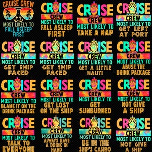 以下が含まれることがあります： 「クルーズクルー」の文字と、様々な行動を表すフレーズが書かれた、カラフルなクルーズをテーマにしたグラフィックのコレクションです。「最初に寝てしまう人」や「船で酔っ払う人」など、ユーモラスな表現が特徴です。