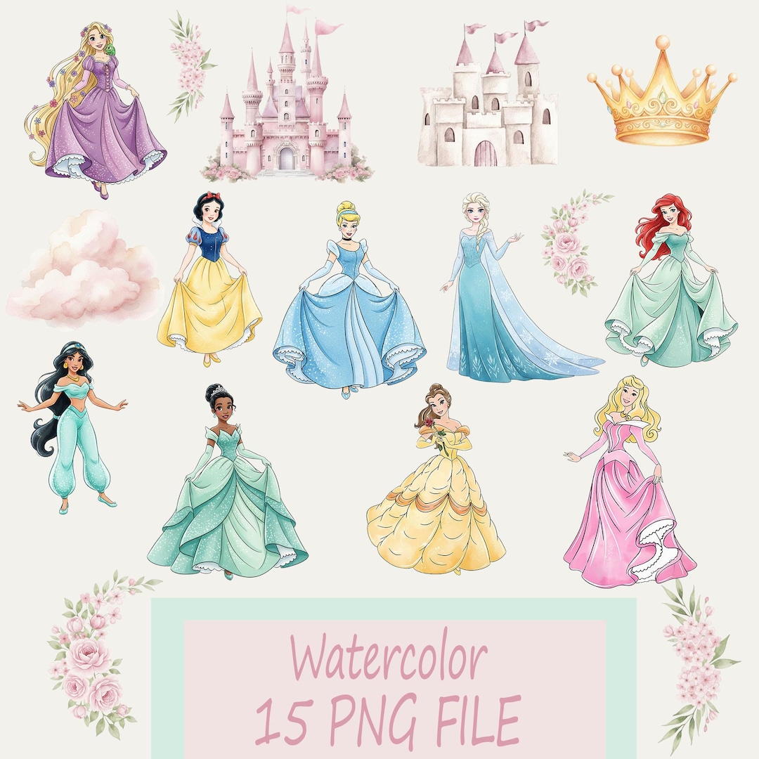 Princess Watercolor Clipart PNG Bundle, Princess Birthday Party Decor ...