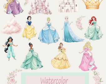 Princess Watercolor Clipart PNG Bundle, Princess Birthday Party Decor, Girl Birthday Shirt Sublimation, Watercolor 15 Files