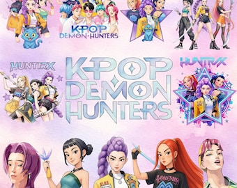 KPop Demon Hunter Clipart Bundle, WarterColor Huntrix Clipart, Kpop Girl Group Inspired Art, Sublimation PNG - Digital and Instant Download