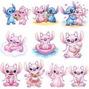 Peut inclure: Plusieurs illustrations &agrave; l'aquarelle mettant en sc&egrave;ne les personnages Stitch et Angel. Les images pr&eacute;sentent les personnages dans diverses poses, notamment en tenant des fleurs, en mangeant de la glace et en s'embrassant. La palette de couleurs est principalement bleue et rose.