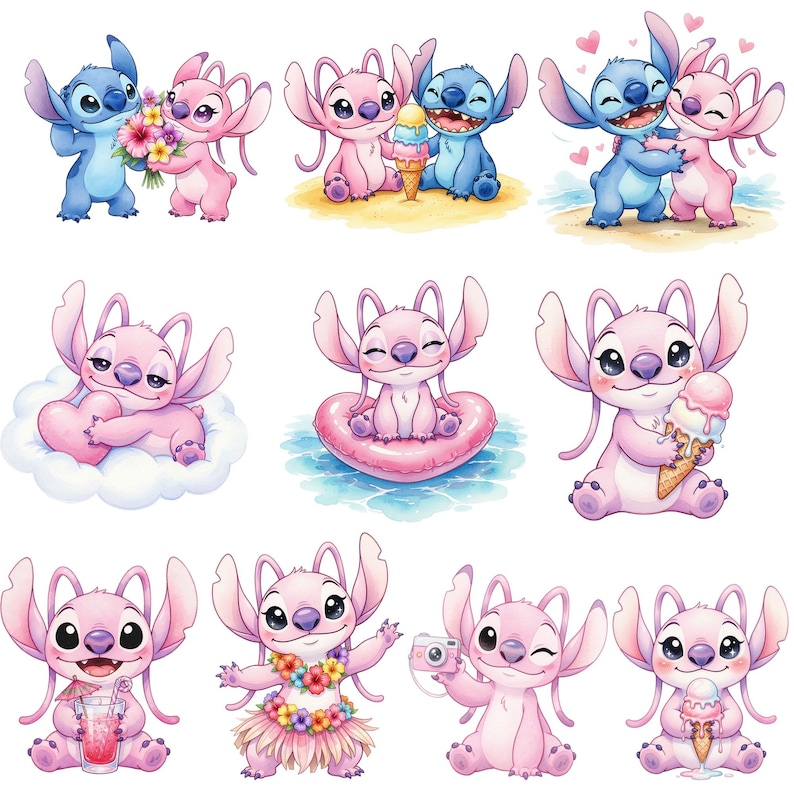 Peut inclure: Plusieurs illustrations &agrave; l'aquarelle mettant en sc&egrave;ne les personnages Stitch et Angel. Les images pr&eacute;sentent les personnages dans diverses poses, notamment en tenant des fleurs, en mangeant de la glace et en s'embrassant. La palette de couleurs est principalement bleue et rose.