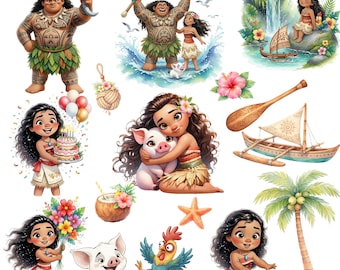 Cute Watercolor Moana Digital Kit, Moana Theme Digital Kit, Cute Illustrations, Children's Party, Watercolor Moana for Children, Digital Kit