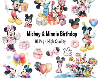 Mickey and Friends Birthday Watercolor Clipart, Disney Characters, Mickey and Friends Baby, Kids Party Digital Bundle