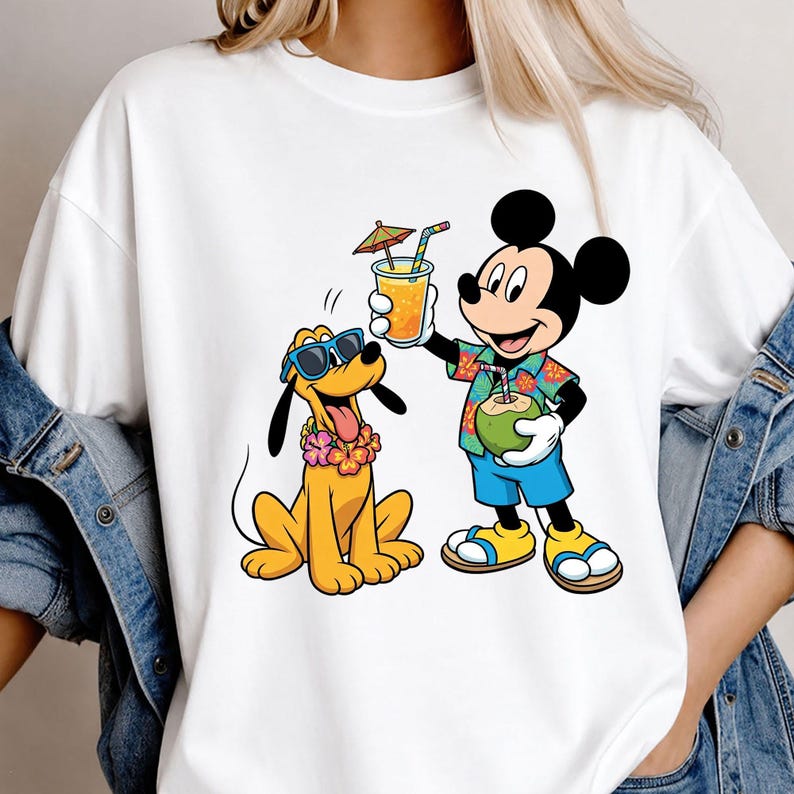 May include: A white t-shirt featuring a graphic of Mickey Mouse and Pluto on vacation. Mickey wears a floral shirt and blue shorts, holding a drink with an umbrella. Pluto wears blue sunglasses and a flower lei. Both characters are smiling.