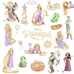 May include: Watercolor illustrations of Disney's Rapunzel, featuring the character in various poses with her long blonde hair. Other elements include a tower, chameleon, boat, and paint supplies. The Disney Rapunzel logo is also visible.