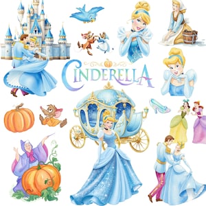 Imágenes prediseñadas de acuarela de la princesa Cenicienta de 4000 px, lindas imágenes prediseñadas de Cenicienta, temática de cuento de hadas, paquete PNG de alta resolución