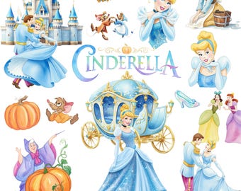 4000px Cinderella Princess Watercolor Clipart,Cute Cinderella Clipart, Fairytale Theme, High Resolution PNG Bundle