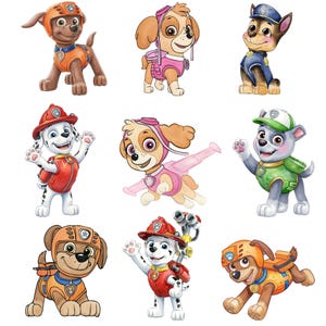 May include: Watercolour illustrations of nine cartoon puppies from the Paw Patrol series. Each puppy is shown in a unique outfit, with different colours and accessories. The puppies are in action poses, with friendly expressions.