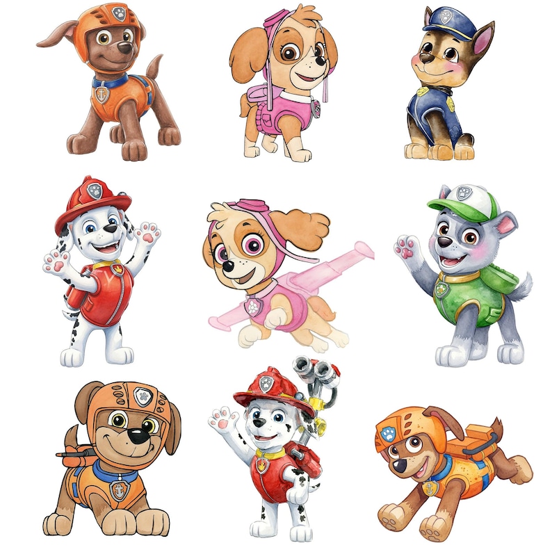 May include: Watercolour illustrations of nine cartoon puppies from the Paw Patrol series. Each puppy is shown in a unique outfit, with different colours and accessories. The puppies are in action poses, with friendly expressions.