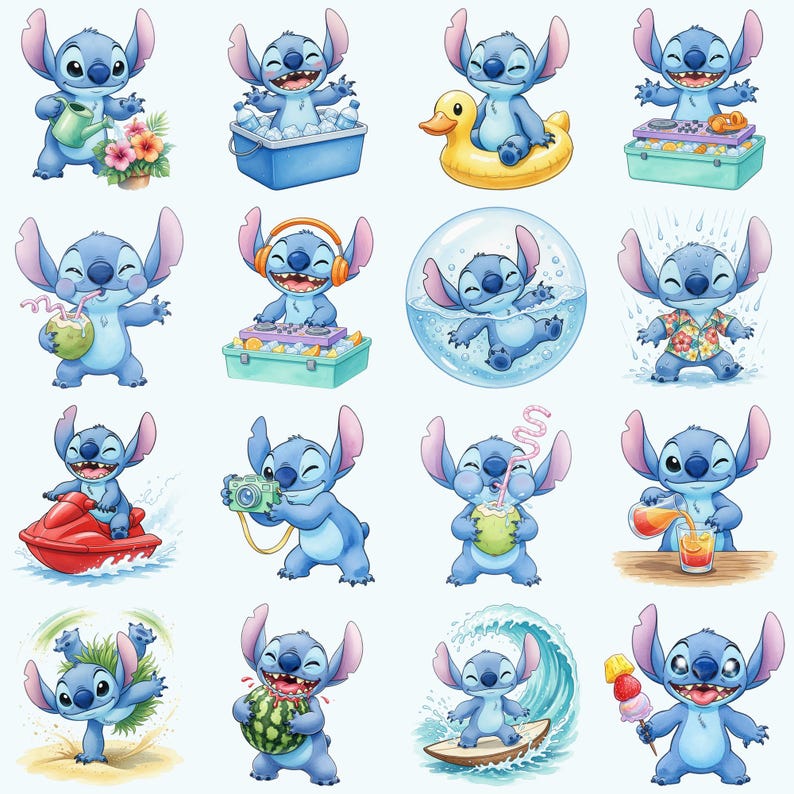 Peut inclure: Une collection d'illustrations de dessins anim&eacute;s d'un personnage extraterrestre bleu dans diverses activit&eacute;s estivales. Le personnage est repr&eacute;sent&eacute; avec un arrosoir, dans une glaci&egrave;re, sur un flotteur, en tant que DJ, dans une bulle, sous la pluie, sur un jet ski, avec un appareil photo, buvant une boisson, versant une boisson, faisant le poirier, mangeant de la past&egrave;que, surfant et tenant une brochette de fruits.