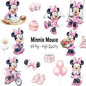 May include: A collection of Minnie Mouse illustrations in various poses and with accessories. The images feature Minnie Mouse in pink dresses, bows, and shoes. Other elements include a cupcake, a beret, a gift box, a bicycle, and balloons. Text reads "Minnie Mouse 69 Png - High Quality."