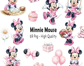 Minnie Mouse Pink Watercolor Cute Digital Kit Clipart PNG Baby Minnie Mouse Pink, Digital Kit, Watercolor Clipart for Children, 300 DPI