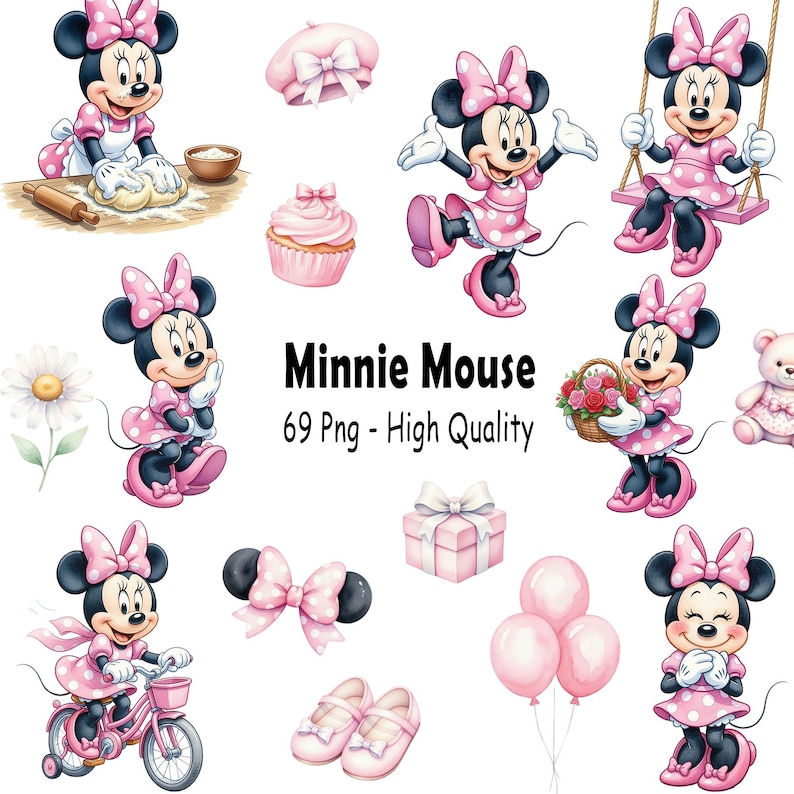 May include: A collection of Minnie Mouse illustrations in various poses and with accessories. The images feature Minnie Mouse in pink dresses, bows, and shoes. Other elements include a cupcake, a beret, a gift box, a bicycle, and balloons. Text reads "Minnie Mouse 69 Png - High Quality."