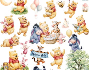 4000px Winnie the Pooh Aquarell Digital Kit, klassisches Winnie the Pooh PNG Clipart Bundle, Vintage Pooh Baby Shower Kinderzimmer digitaler Download