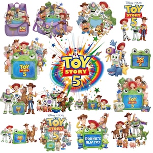 Może przedstawiać: Kolekcja grafik Toy Story 5 przedstawiająca postacie takie jak Woody, Buzz Astral, Jessie oraz zieloną ramkę w kształcie żaby z napisem Toy Story 5. Projekty zawierają r&oacute;żne grupy postaci oraz kolorowe wybuchy gwiazd.