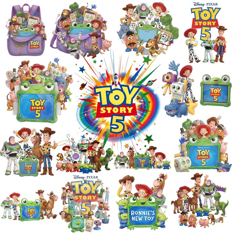 Może przedstawiać: Kolekcja grafik Toy Story 5 przedstawiająca postacie takie jak Woody, Buzz Astral, Jessie oraz zieloną ramkę w kształcie żaby z napisem Toy Story 5. Projekty zawierają r&oacute;żne grupy postaci oraz kolorowe wybuchy gwiazd.